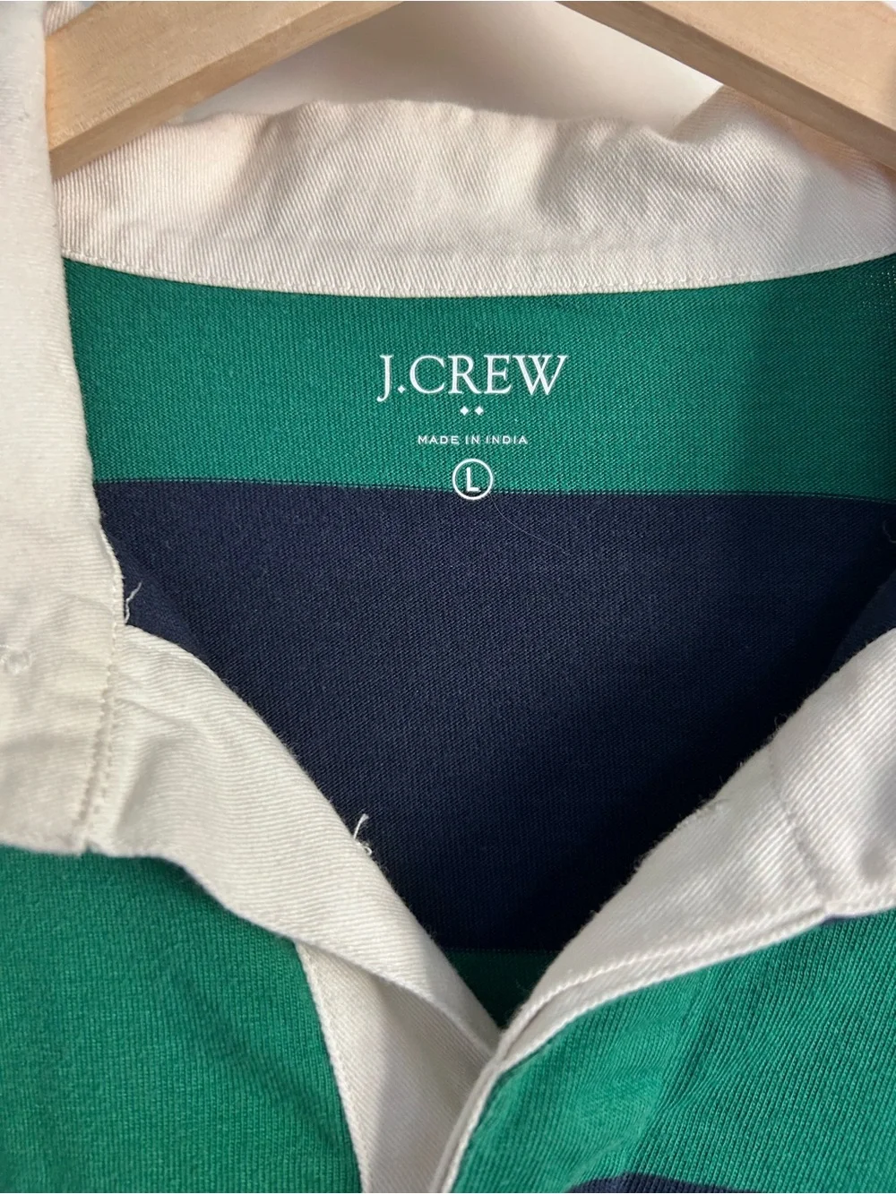 J.Crew Men’s Green & Navy Striped Rugby Shirt-Large